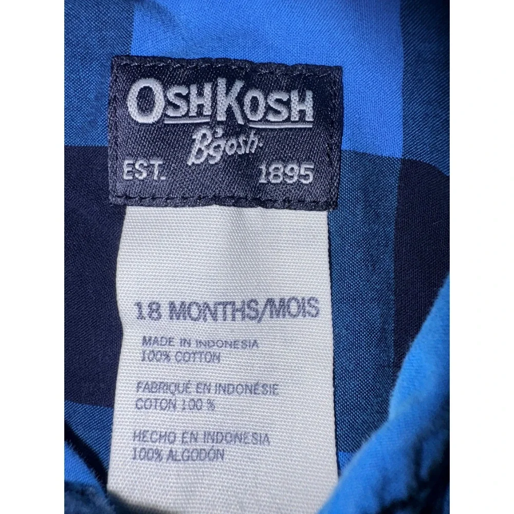 OshKosh Bgosh Boys Blue Buffalo Plaid Button Down‎ Shirt 18 M Cotton Long Slv